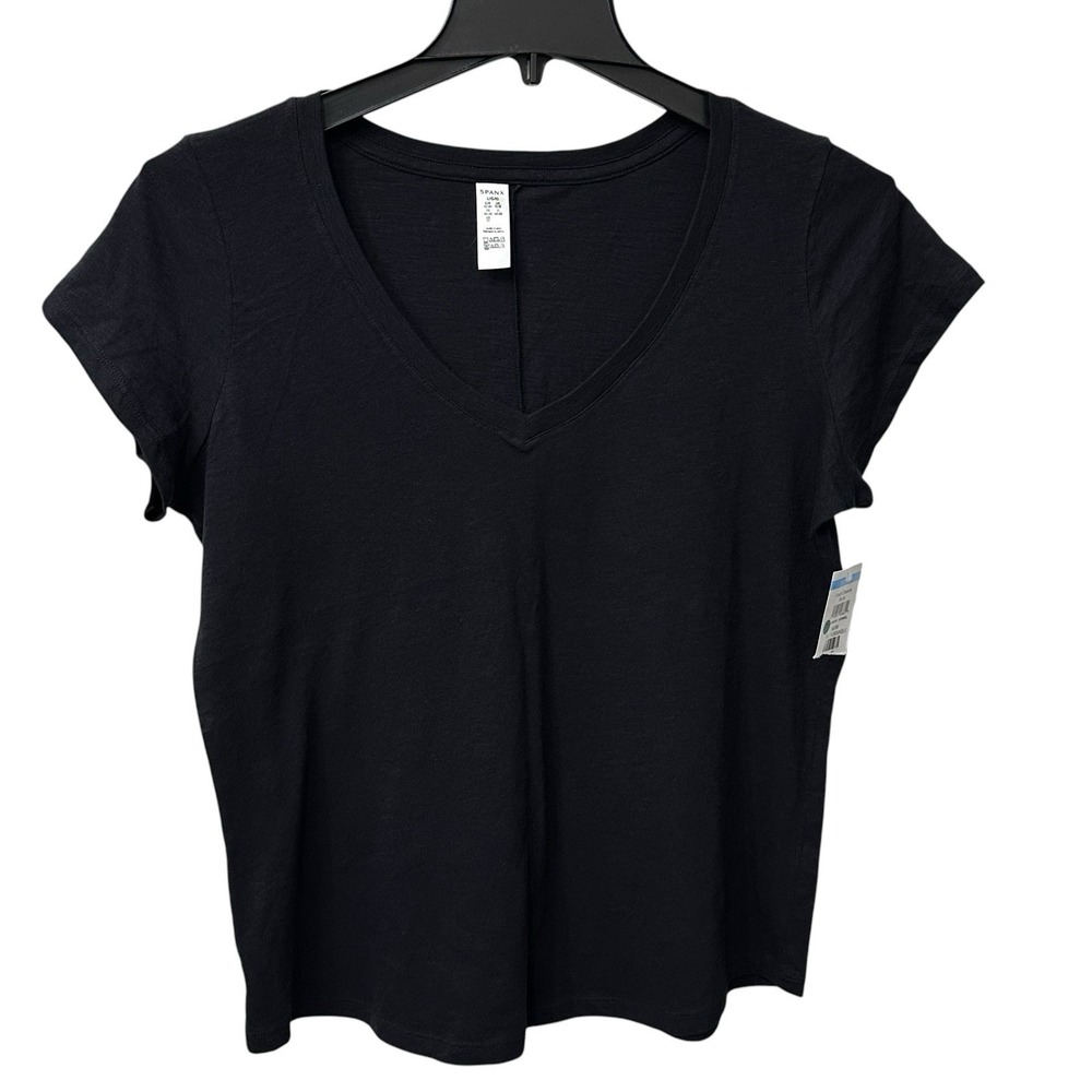 SPANX Cool Cotton V-Neck Tee Shirt Women's Size Large Black Minimalist NWT